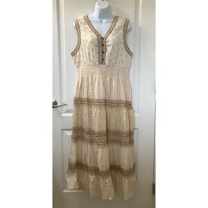 NAOO Nation AK Outfitter Dress 1X Maxi Tiered Metallic Crochet Lined Cream NWT